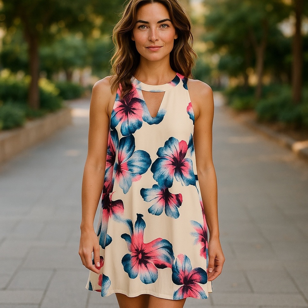Peach Love California Pink, Blue And White Sleeveless Dress